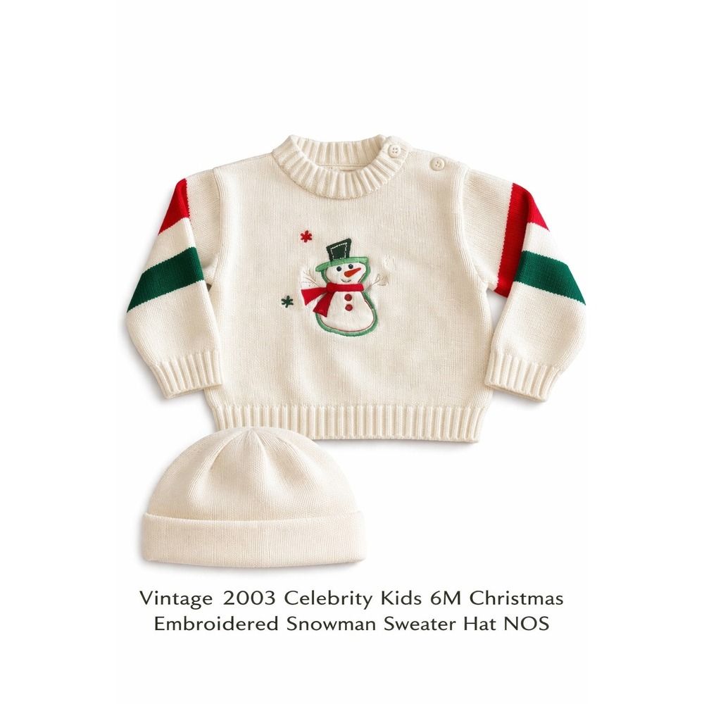 Celebrity Kids Snowman Knit Sweater Hat Set 6M Cream Christmas Holiday Striped‎